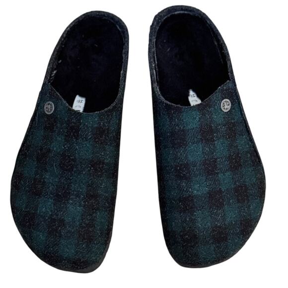 Birkenstock Zermatt Black Shearling Wool Felt Plaid Green - Picture 2 of 11